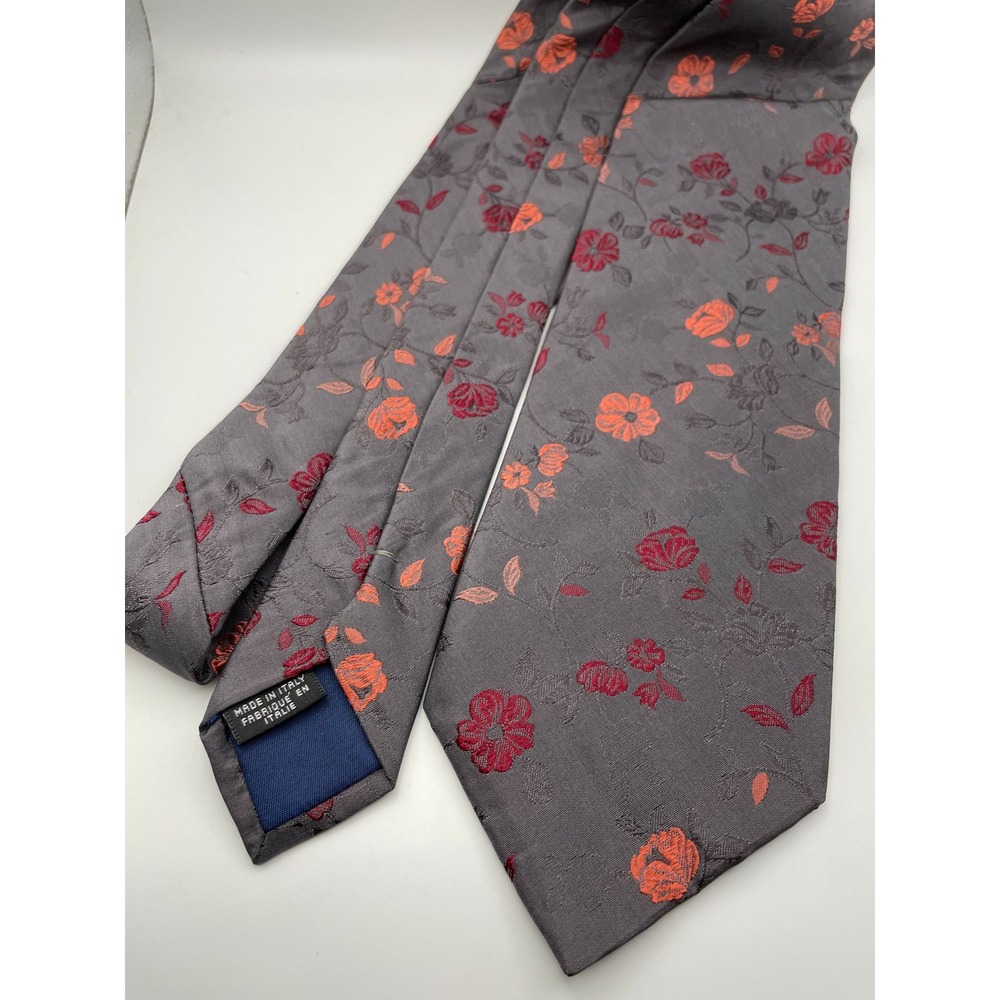 Kenzo Homme Mens Silk Tie Grey Red Orange Floral Jacquard Made in Italy 3.75in